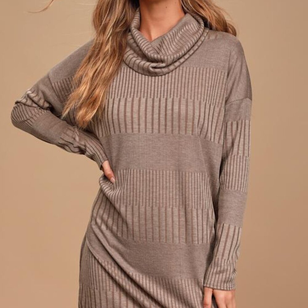 Lulus Morning Coffee Brown Ribbed Long Sleeve Cowl Neck Dress - Size S